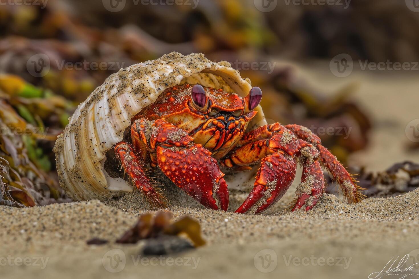 Red Hermit Crab In Seashell On Sandy Beach photo