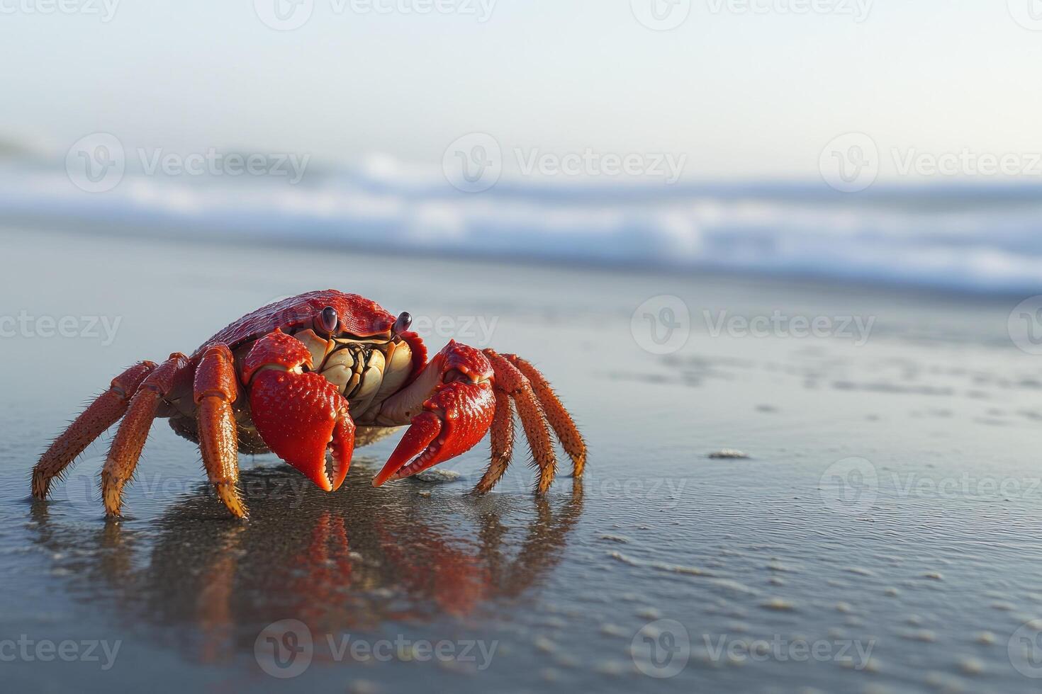 Red crab on a wet beach near ocean waves photo