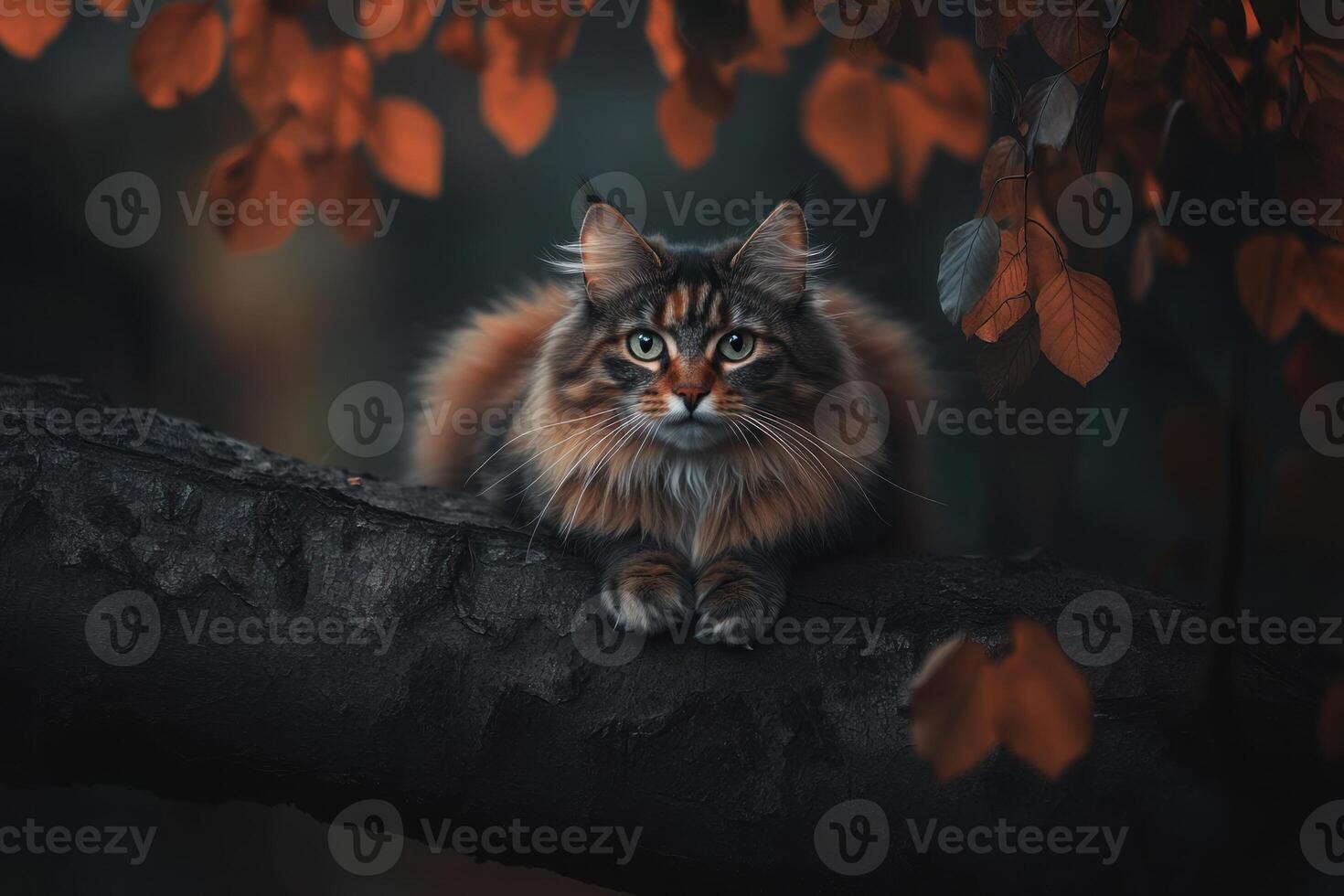 Majestic Maine Cat Posing on Autumn Branch photo