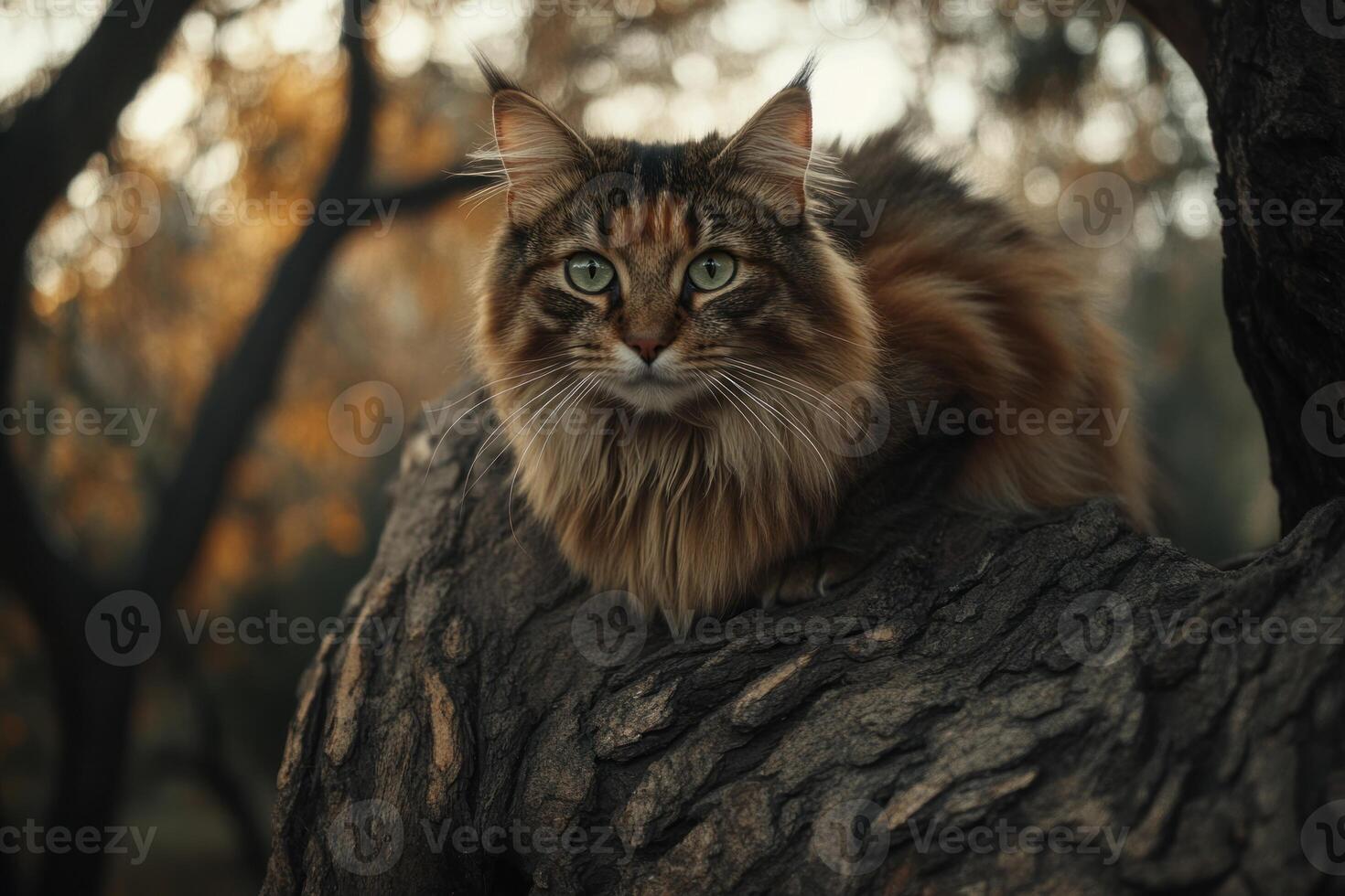 Longhaired tabby cat resting on a tree trunk photo