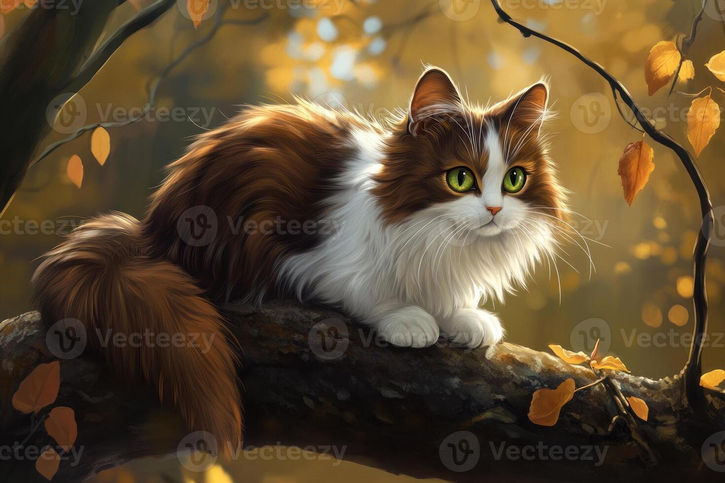A Fluffy Brown And White Cat Sits On A Tree Branch In Autumn photo