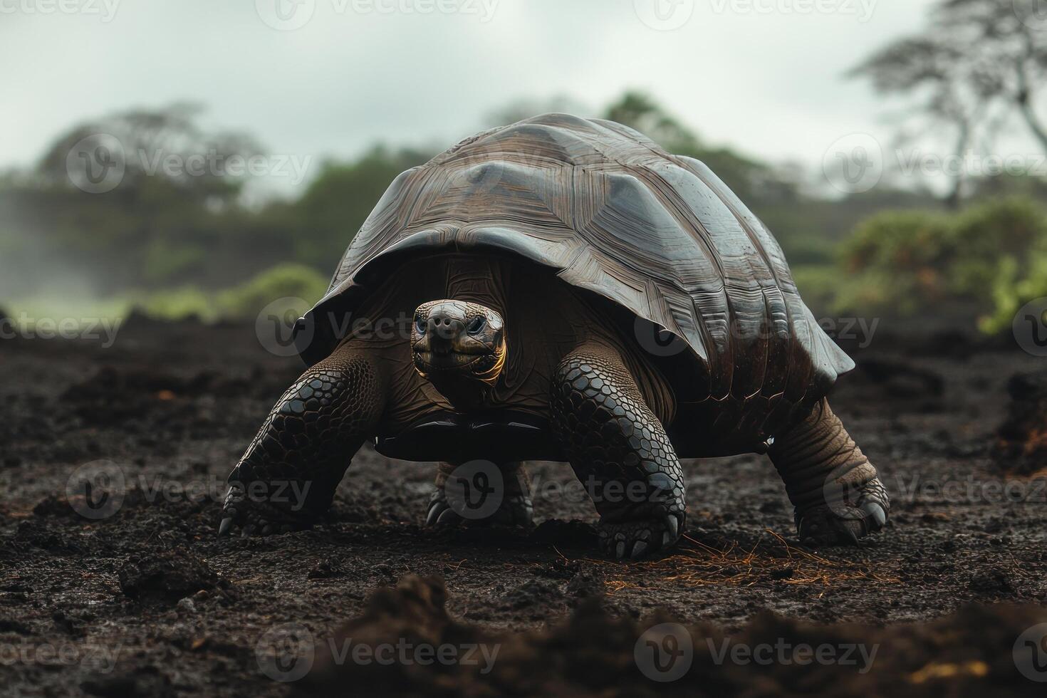 Galapagos Tortoise Walking Dark Volcanic Ground photo
