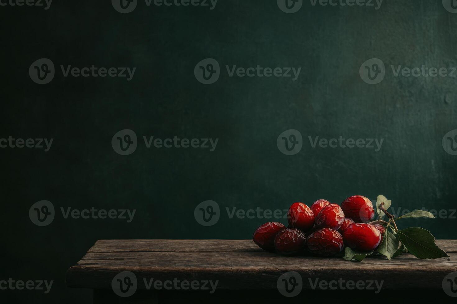 Red plums on rustic wooden table against dark background photo