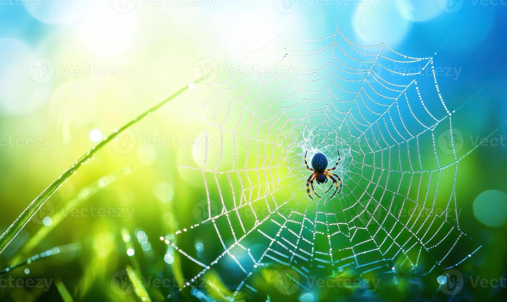 Dewdrops adorn a spiderweb with a spider at its center photo