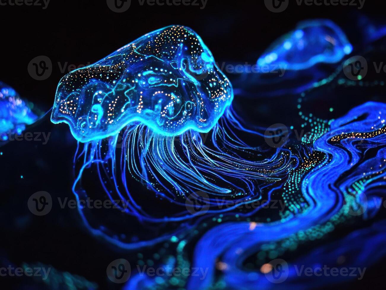 Luminous Jellyfish Illuminated In Deep Ocean Waters photo