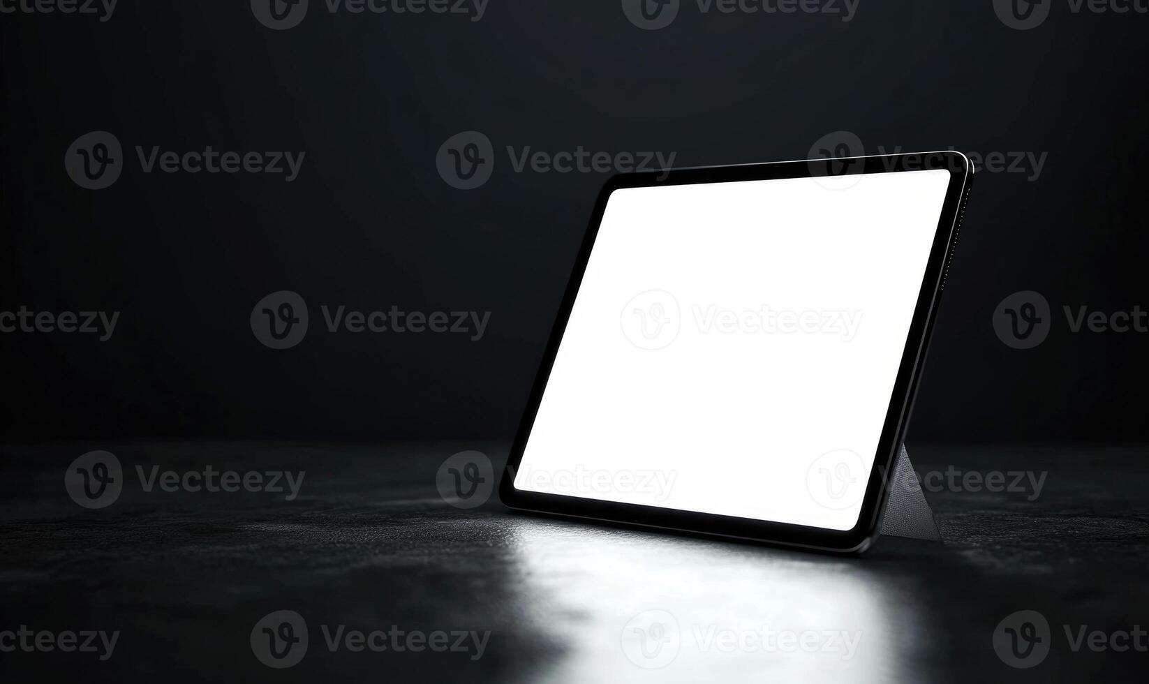 A tablet is sitting on a dark surface with a white screen photo