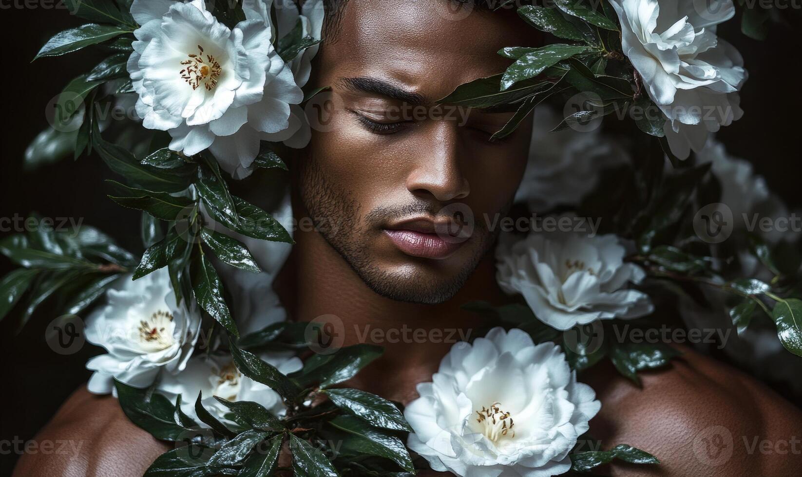 A man is surrounded by white flowers photo