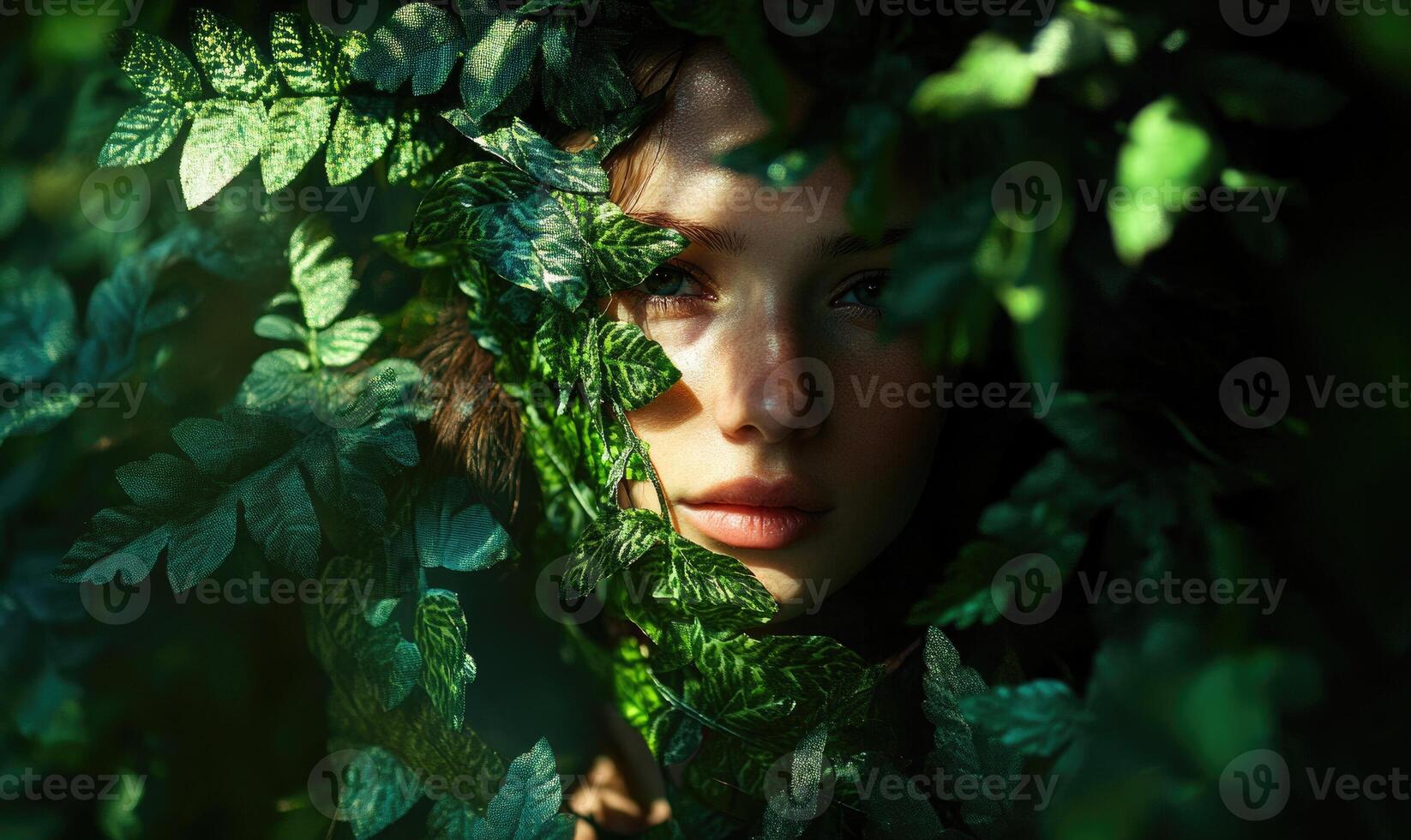 a woman is hiding behind leaves in the forest photo