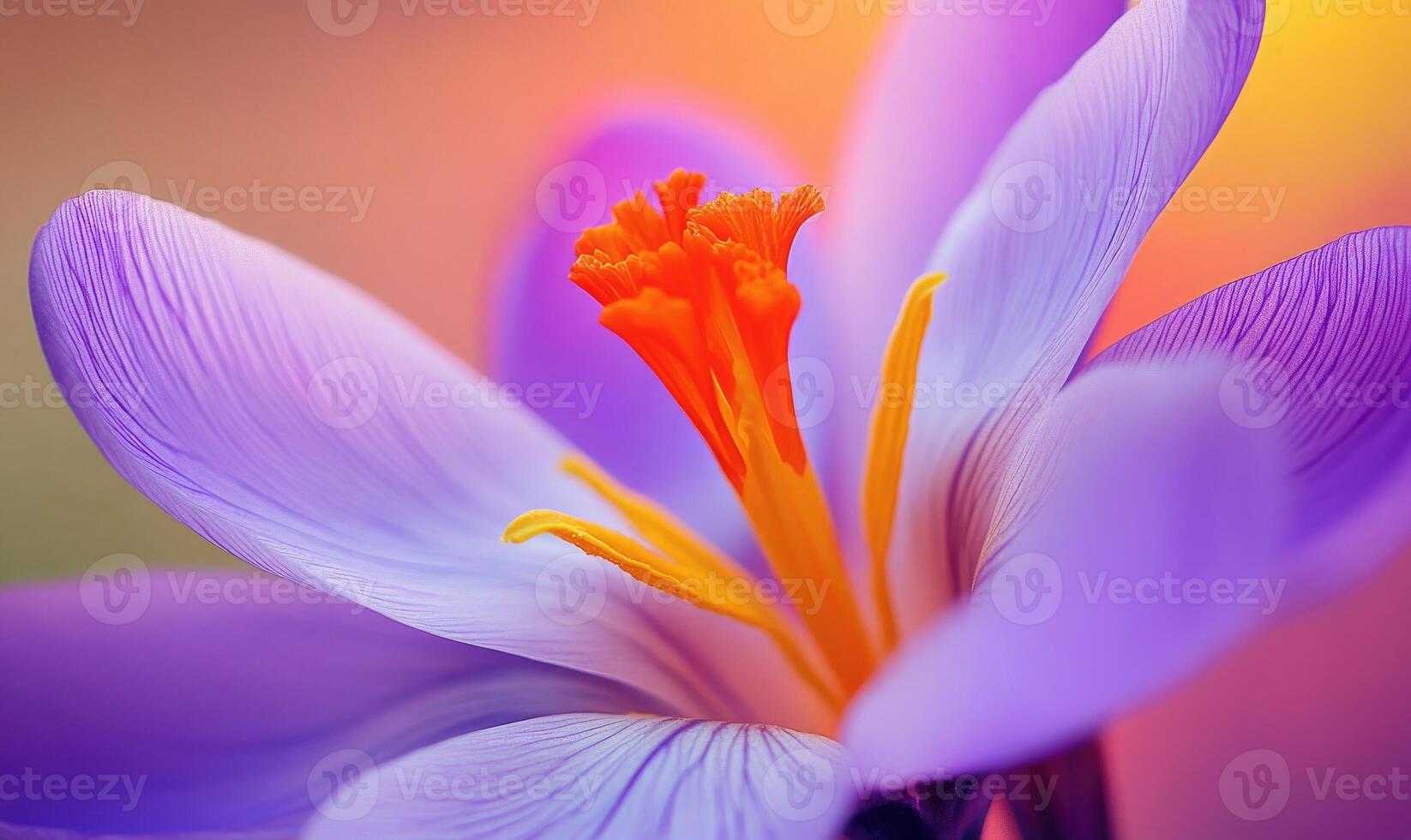 A close up of a purple flower with an orange center photo