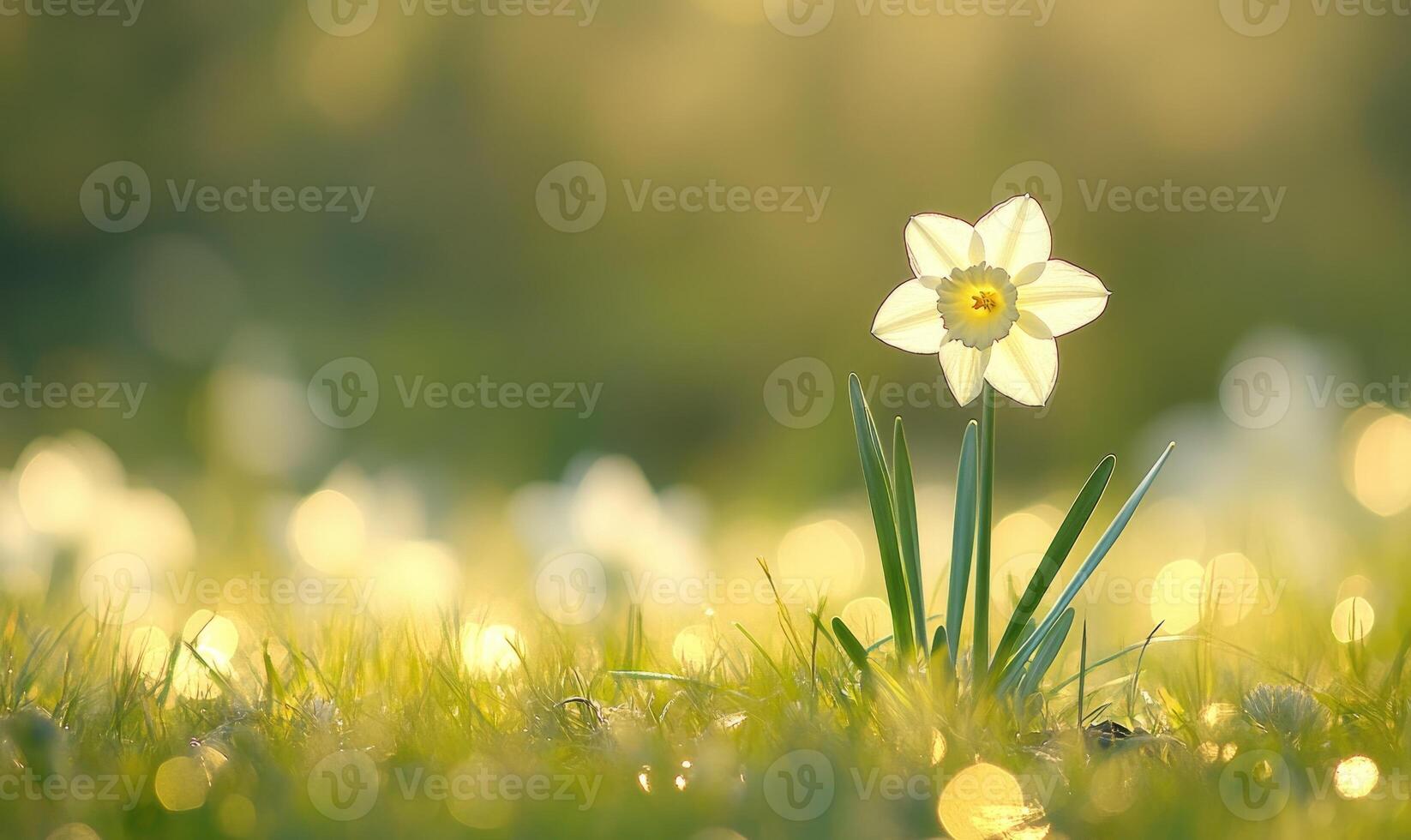 A single yellow flower is standing in a field of grass photo