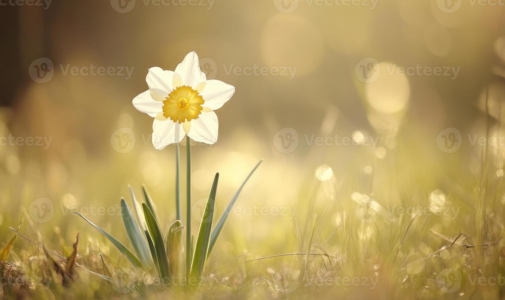 A single white flower is standing in a field of grass photo