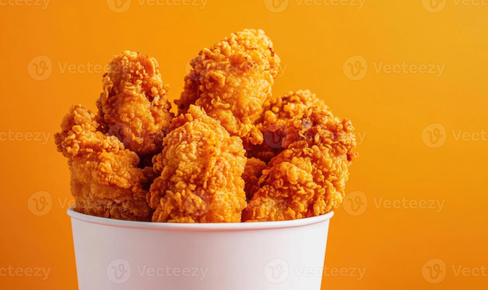 A bucket of fried chicken with a yellow background photo