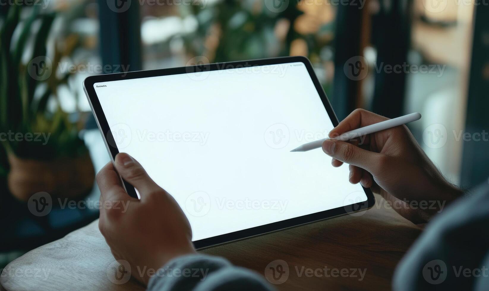 A person is holding a tablet and a pen, possibly writing or drawing on it photo