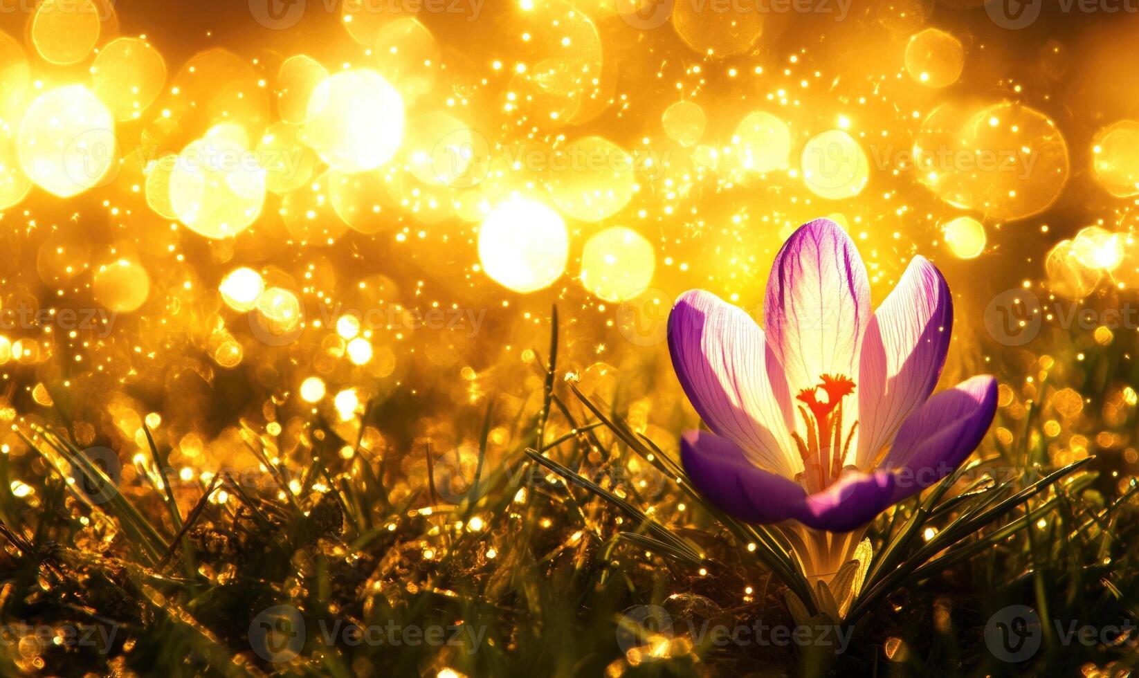 A purple flower is in the foreground of a field of grass photo