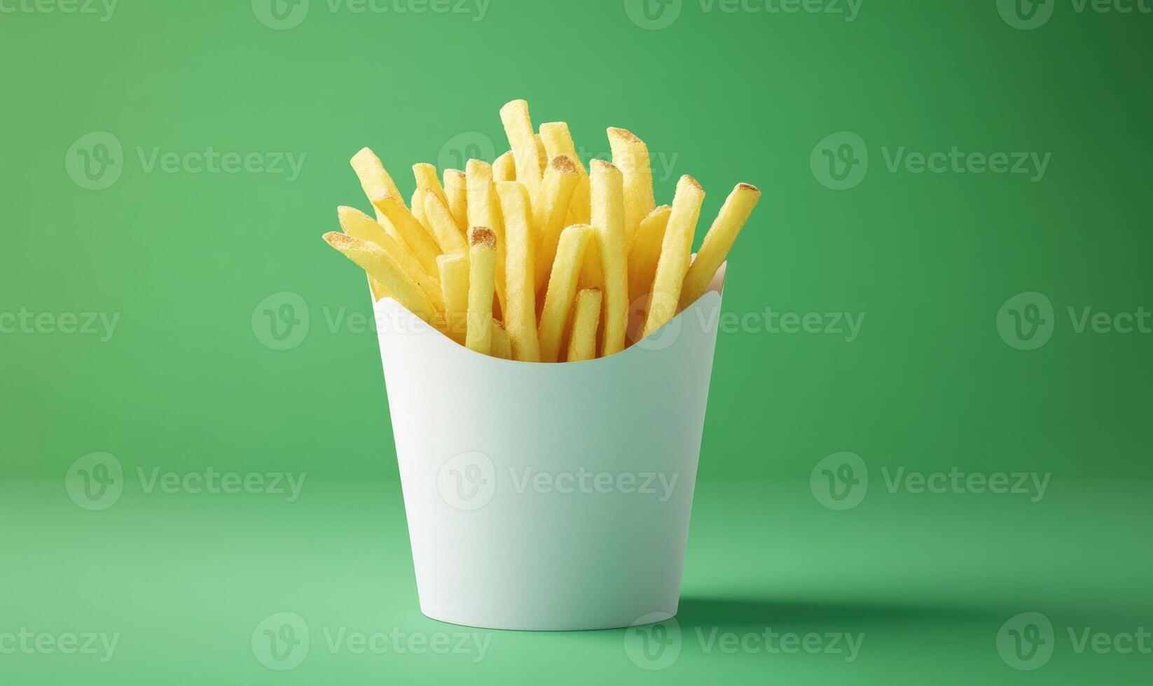 french fries in a paper cup on a green background photo
