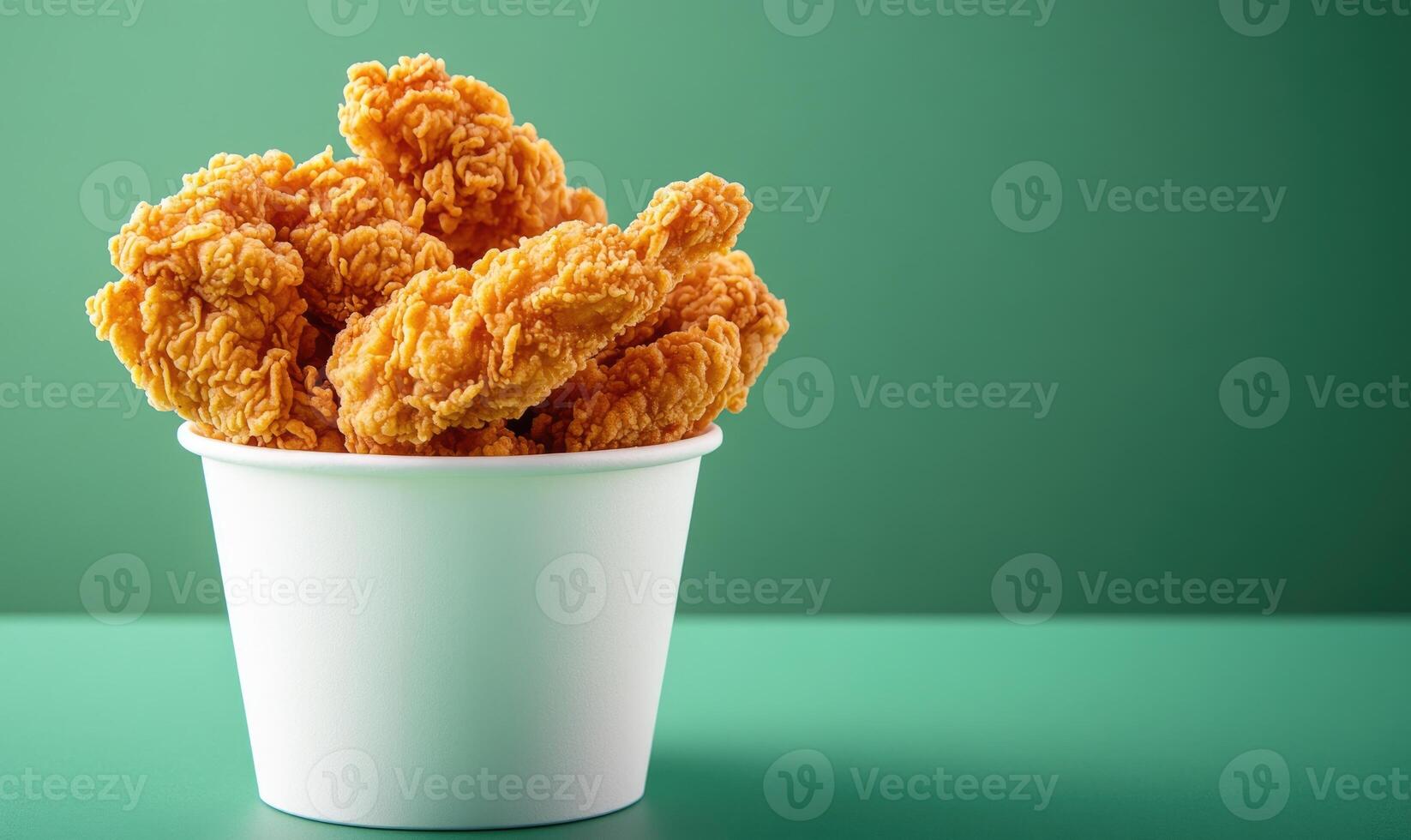 a white cup filled with fried chicken on a green background photo