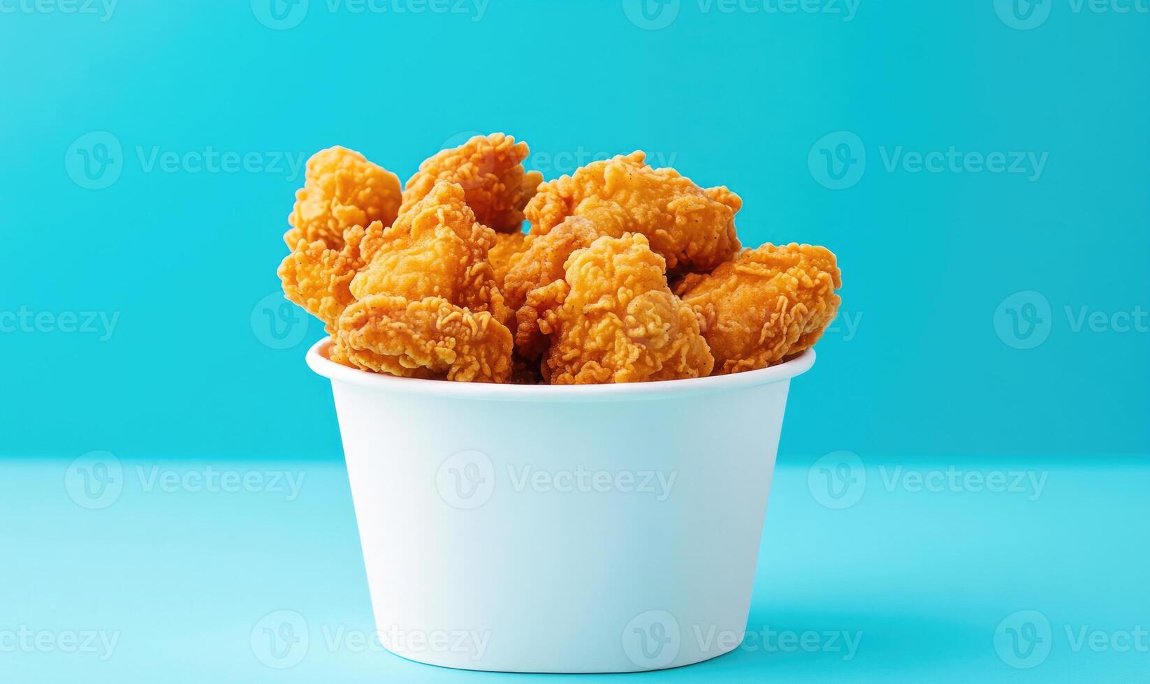 A bowl of fried chicken is sitting on a blue table photo