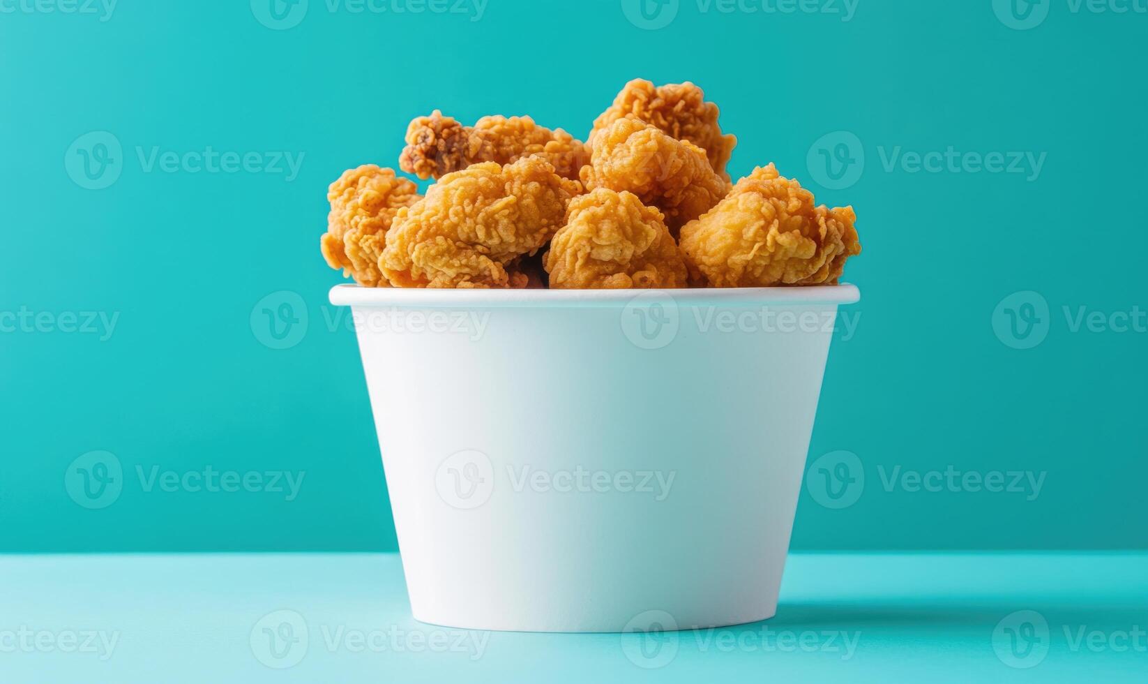 A white paper bowl filled with fried chicken, blue background photo