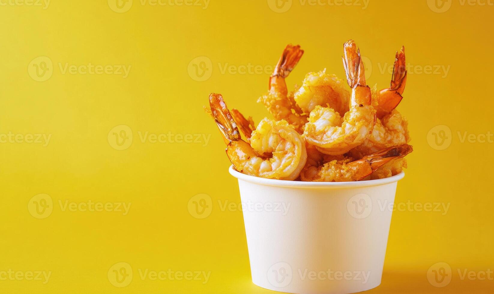 a white cup filled with fried shrimp on a yellow background photo