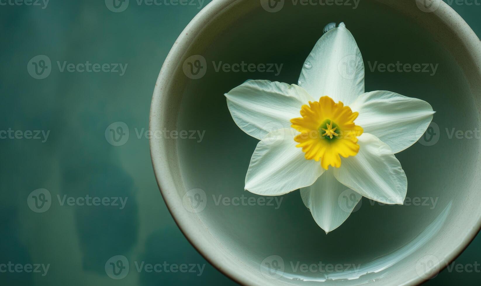 a single white flower is floating in a bowl of water photo