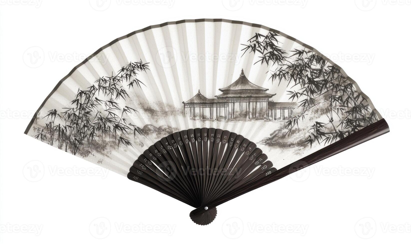 A fan with a bamboo forest and a temple on it photo