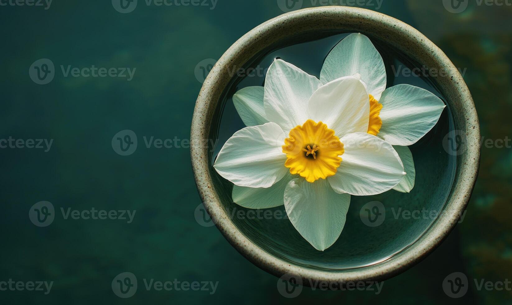 A white flower is floating in a bowl of water photo