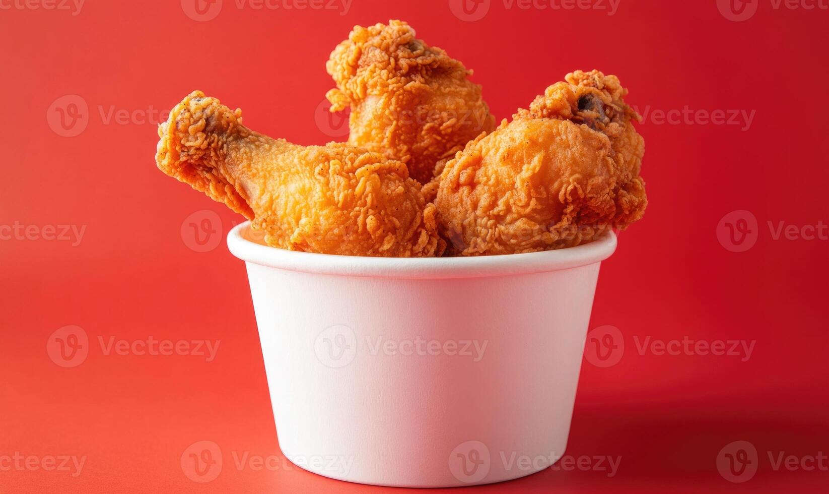 Three pieces of fried chicken are in a white bowl on a red background photo