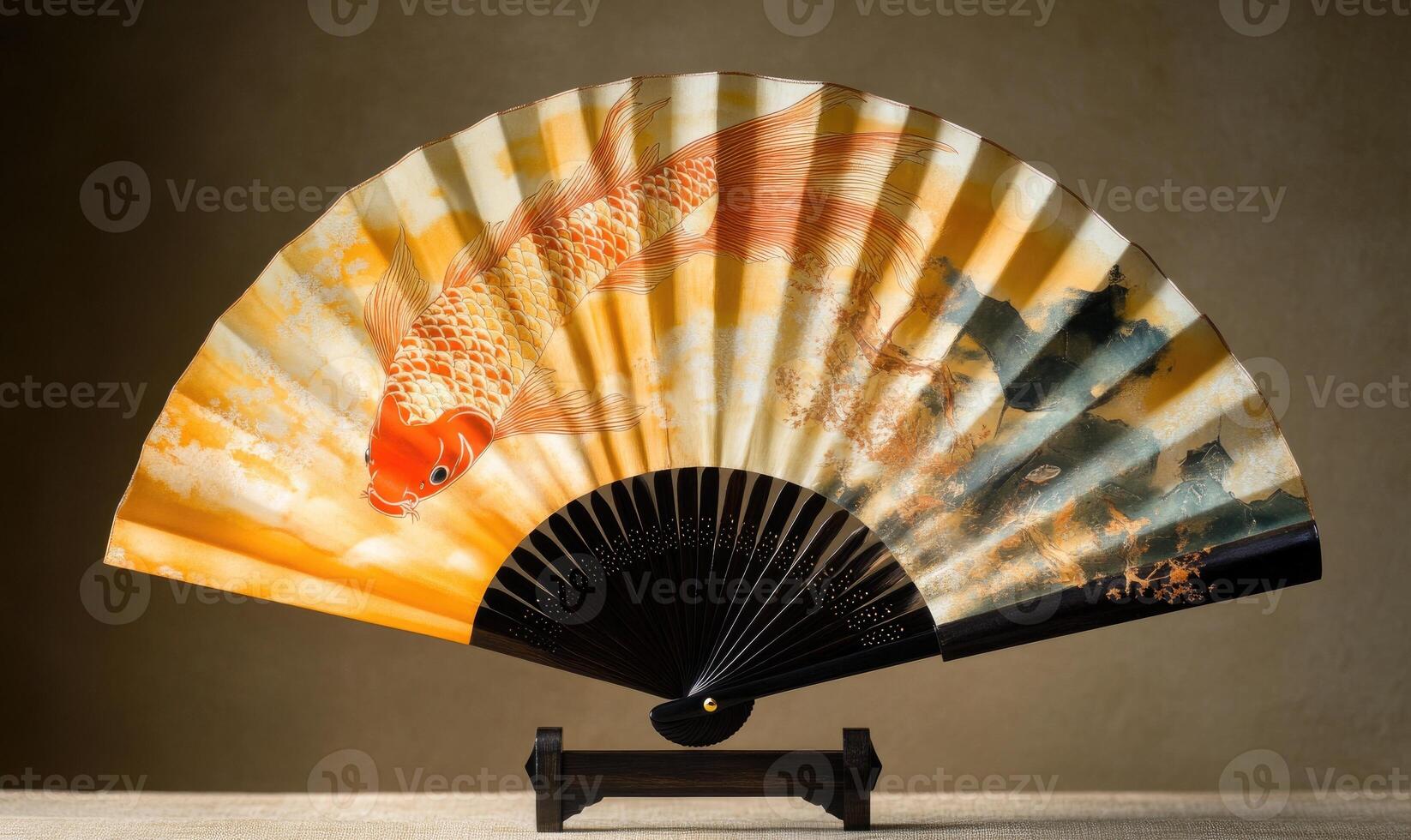 A fan with a fish on it is on a table photo