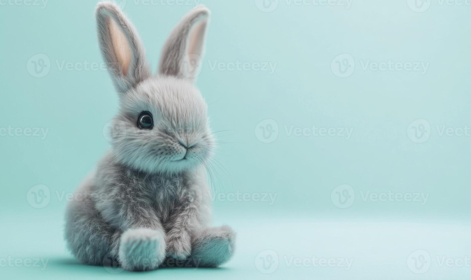 A small gray rabbit is sitting on a blue surface photo