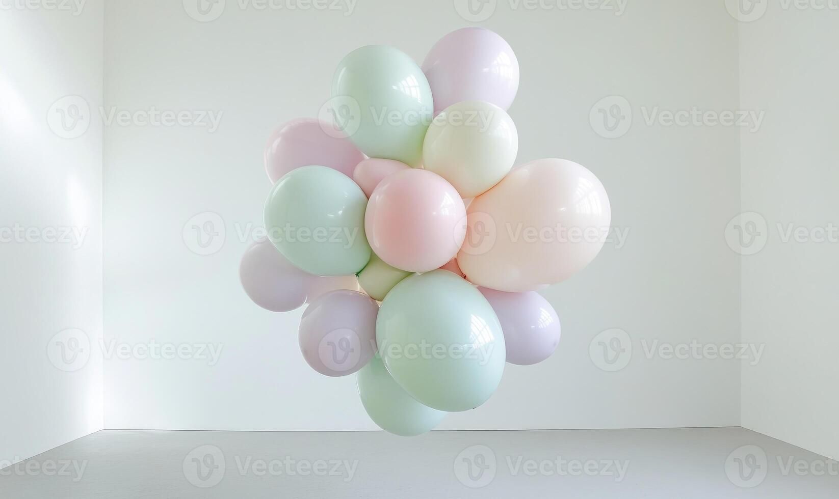 A bunch of balloons in a room with a white wall photo
