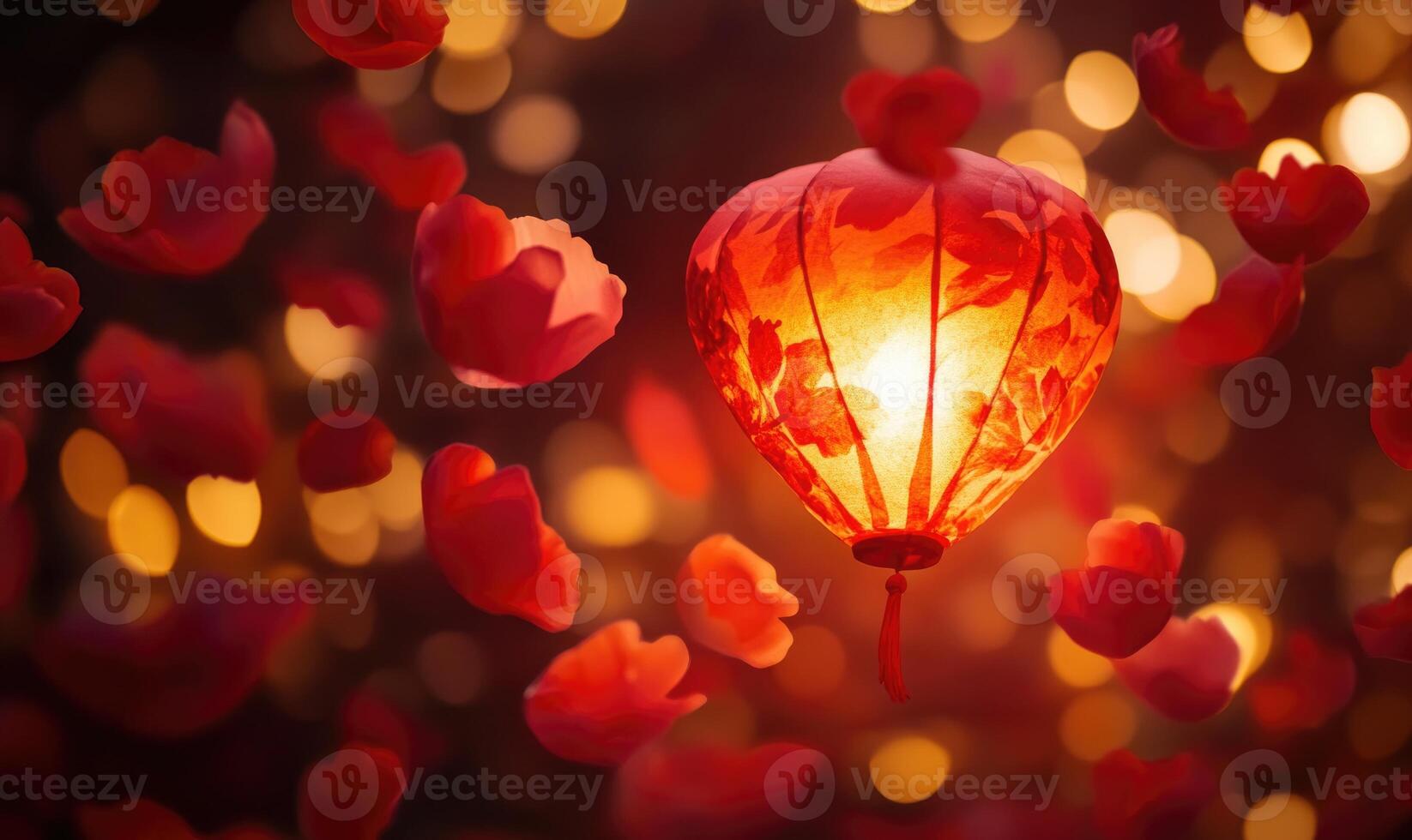 A red lantern is floating in the air above a bed of red petals photo