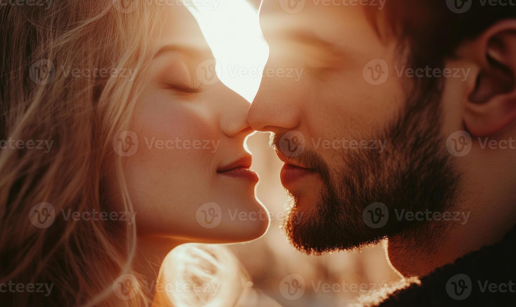 A man and a woman are kissing. Closeup portrait of a romantic couple photo