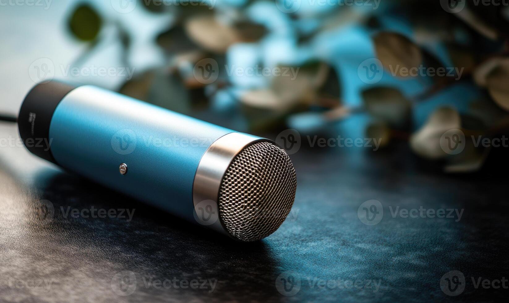 A microphone is sitting on a table next to some leaves photo