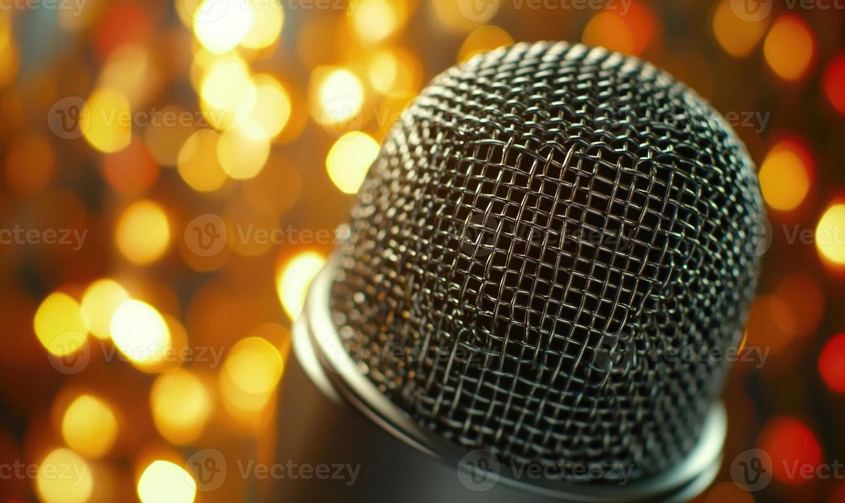A microphone with a fuzzy texture is placed on a background of bright lights photo
