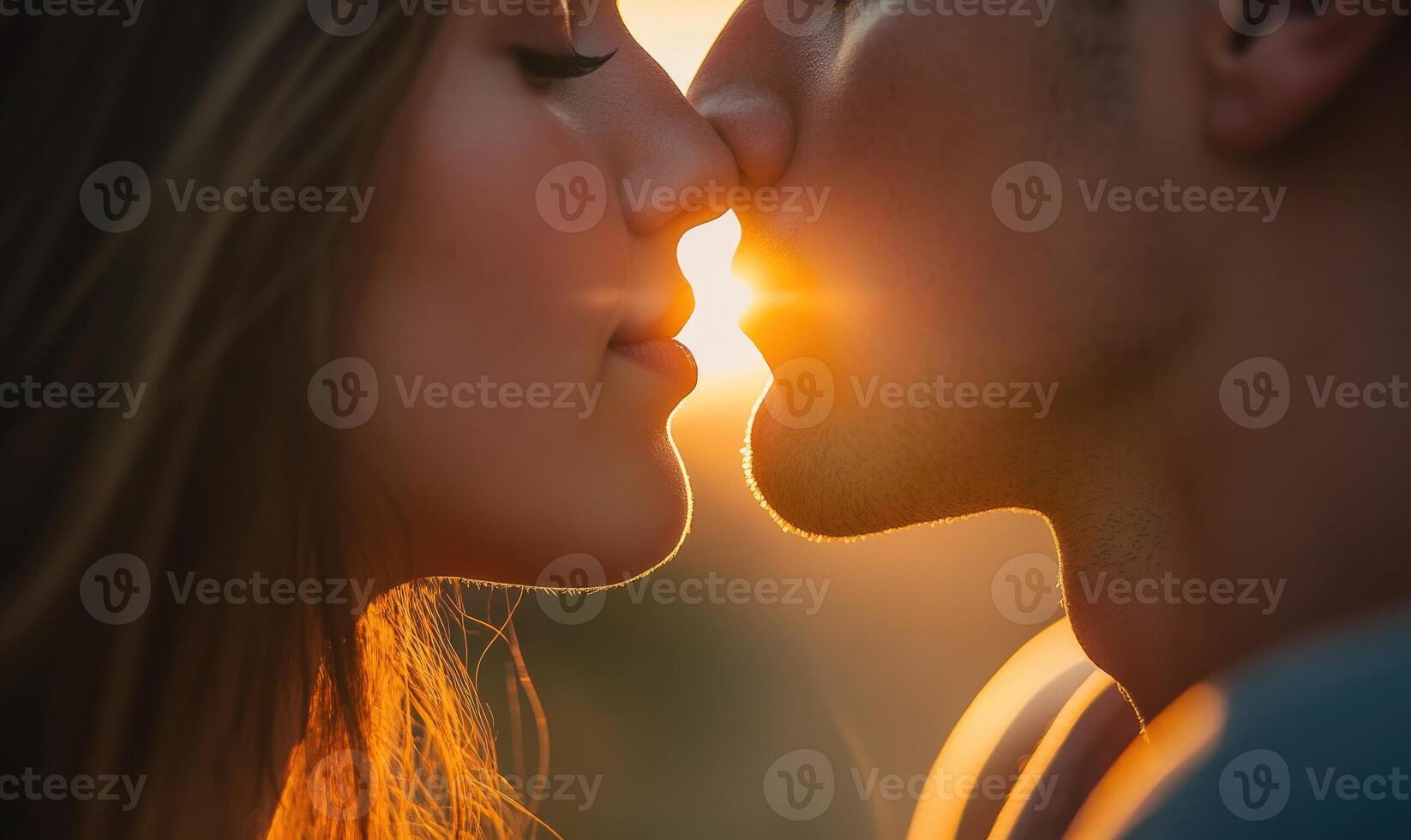 a man and woman kissing in the sunset photo