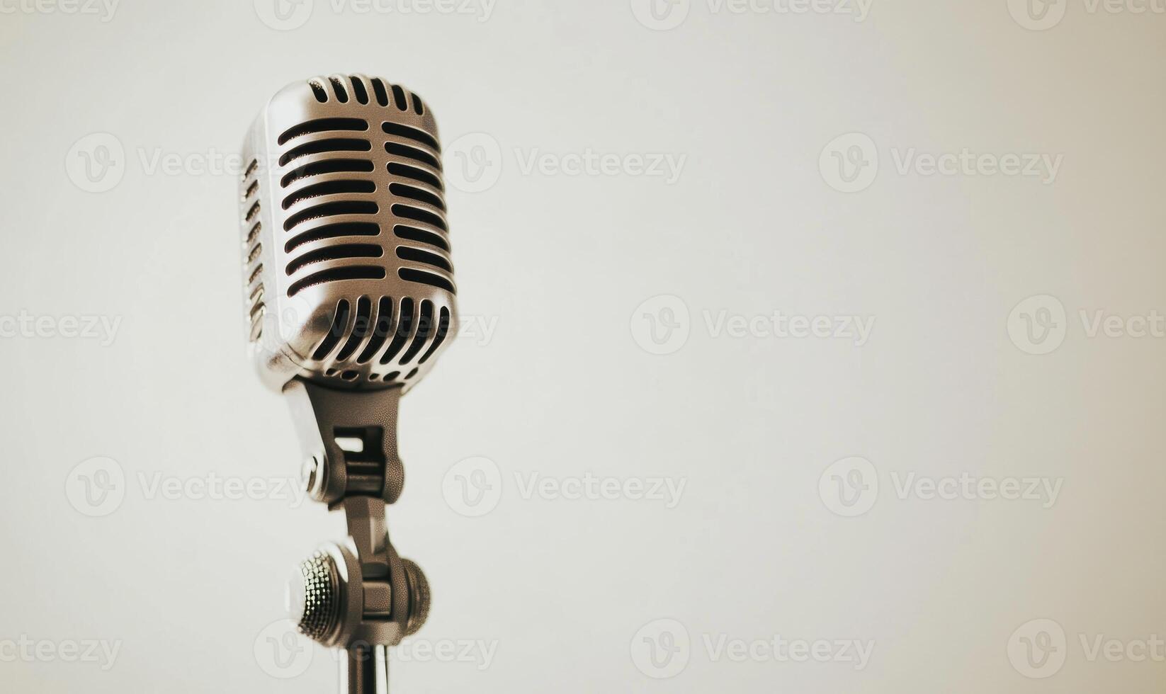 A microphone is on a stand in front of a white background photo