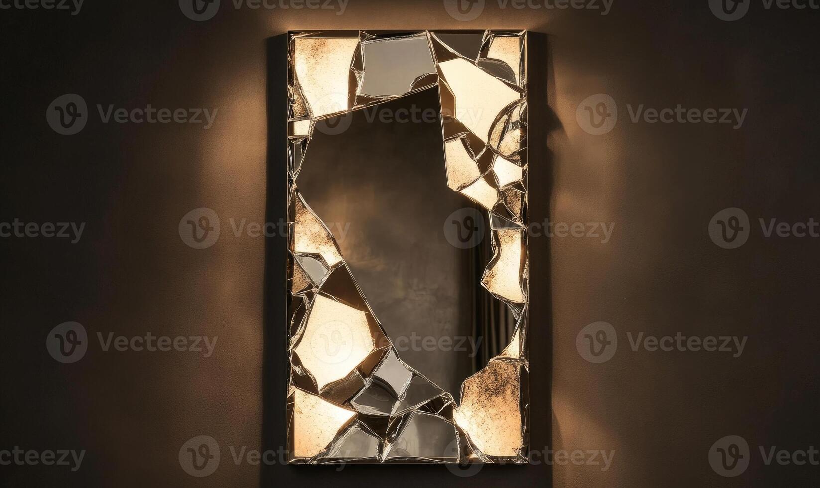 A mirror with a broken frame and a light shining on it photo