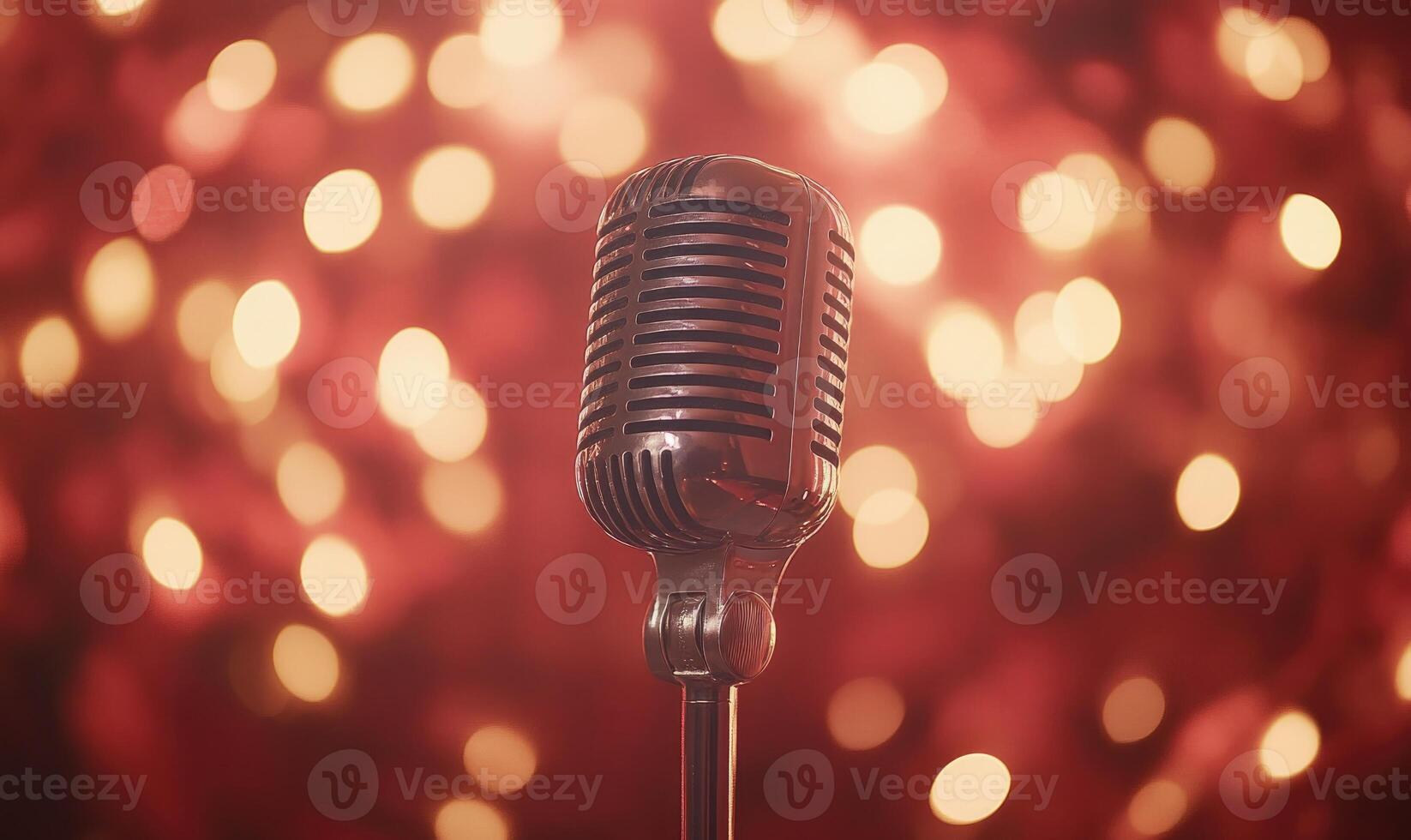 A microphone is placed in front of a red background with a blurry effect photo