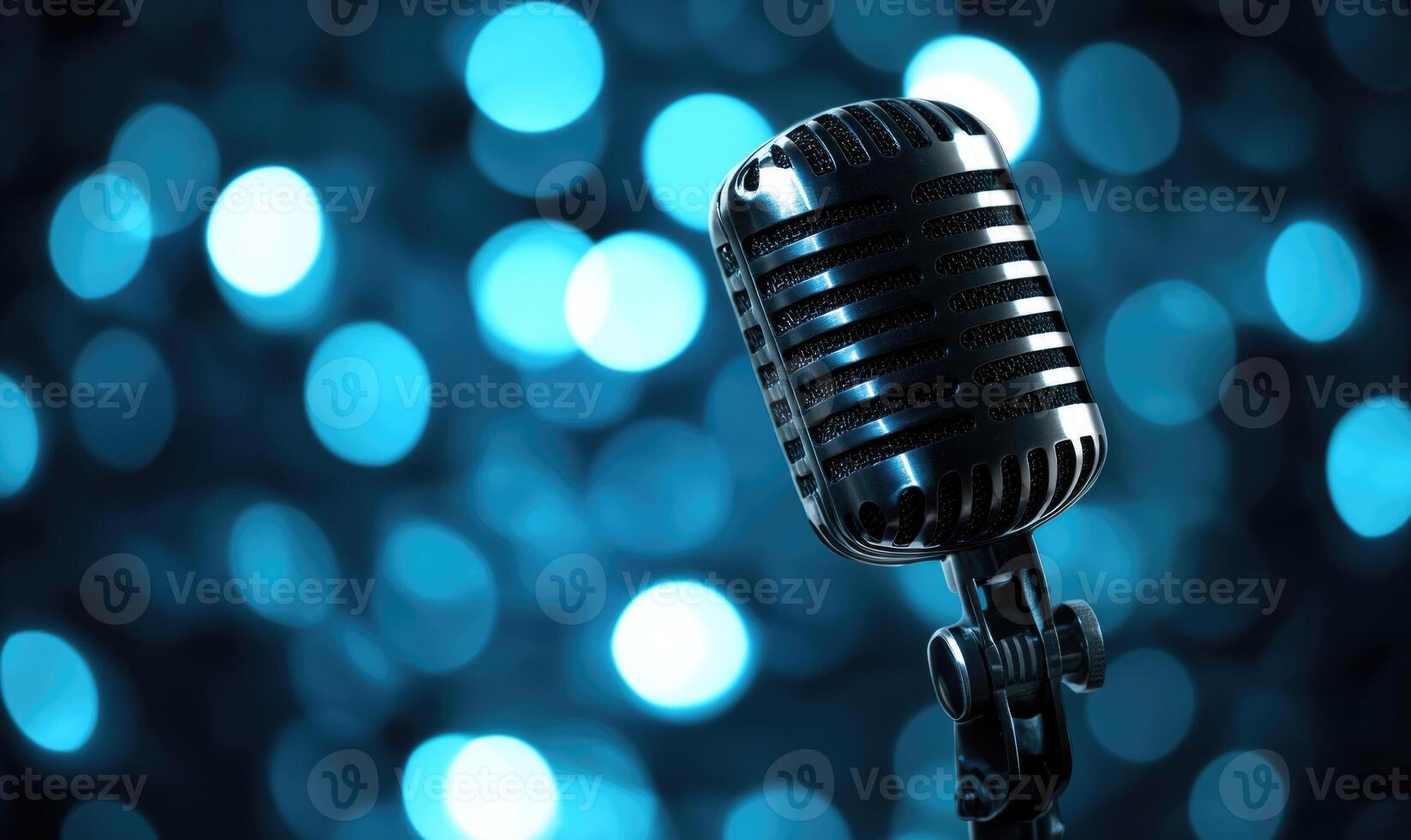 A microphone is on a blue background with a blurry effect photo