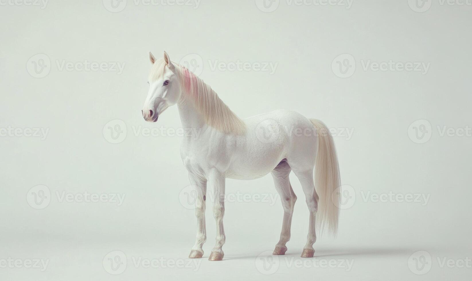 A white horse stands in front of a white background photo