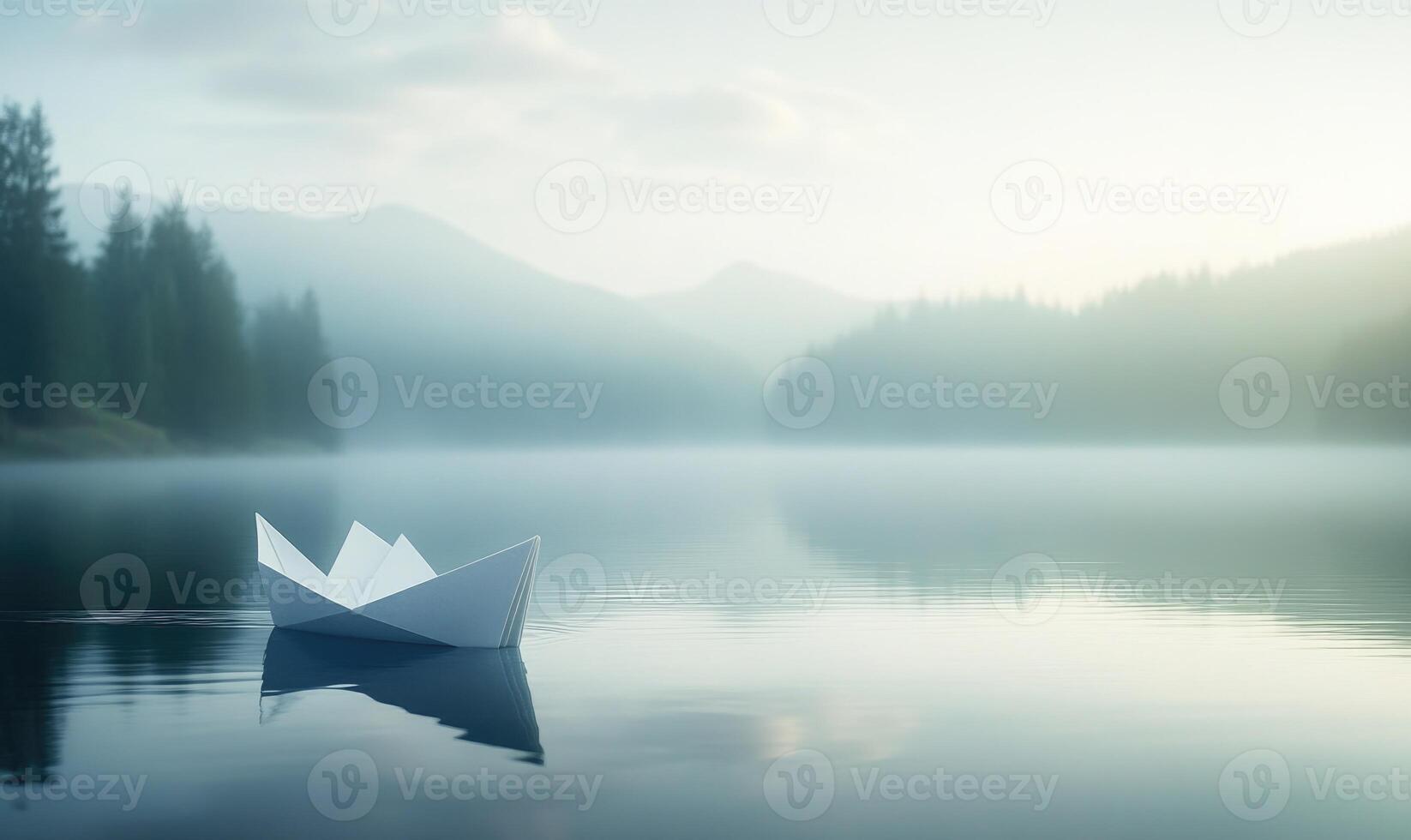A paper boat is floating on a lake photo