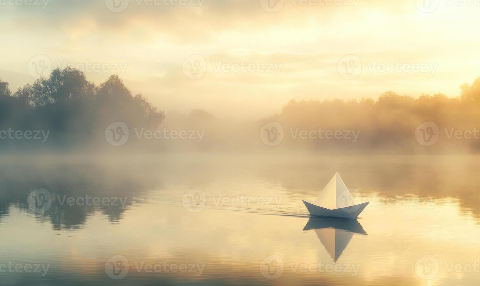 A paper boat is floating on a lake in the fog photo
