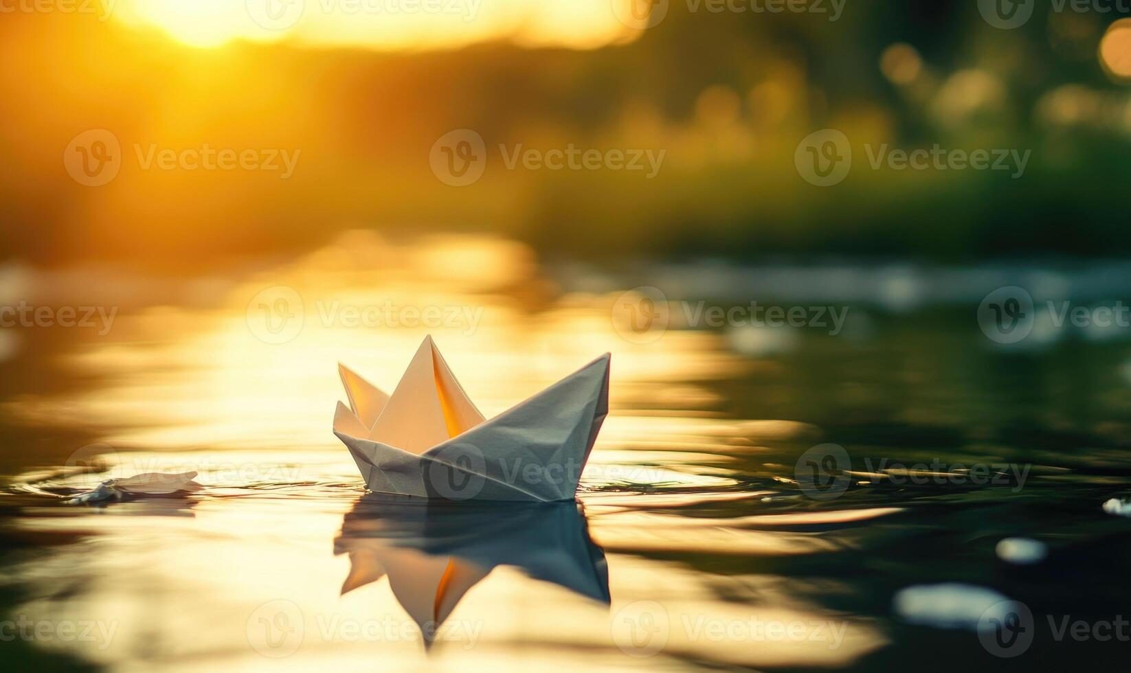 paper boat floating in water at sunset photo