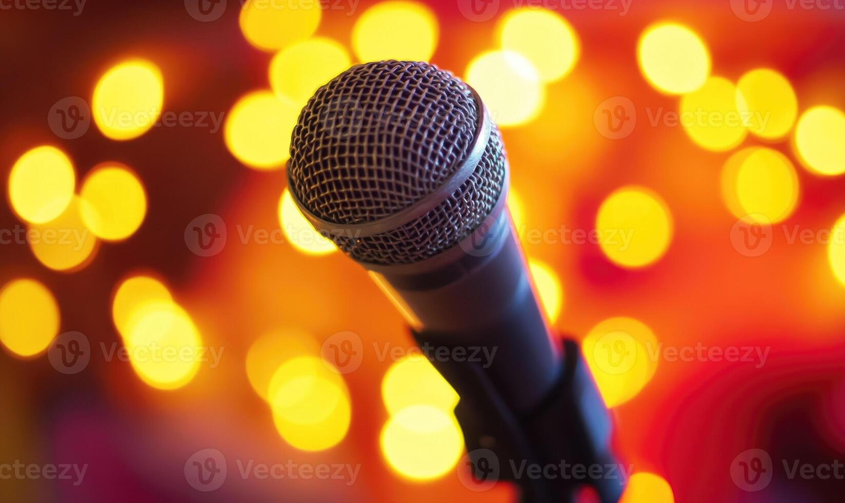 a microphone is shown in front of a blurred background photo