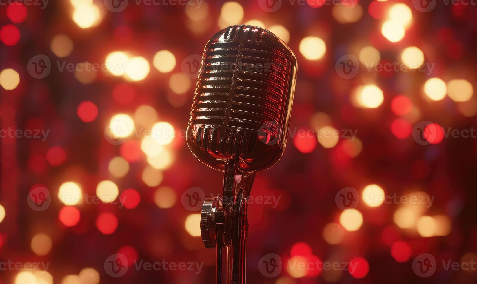 A microphone is on a red background with a blurry effect photo