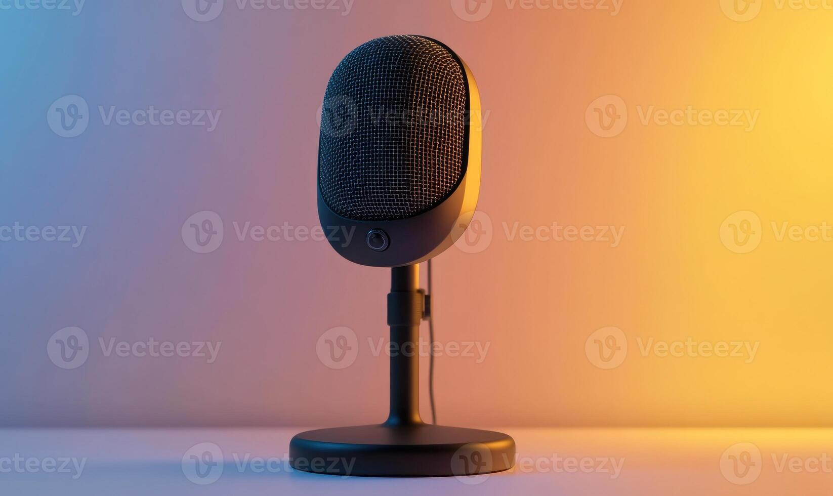 A microphone with a black and white design sits on a table photo