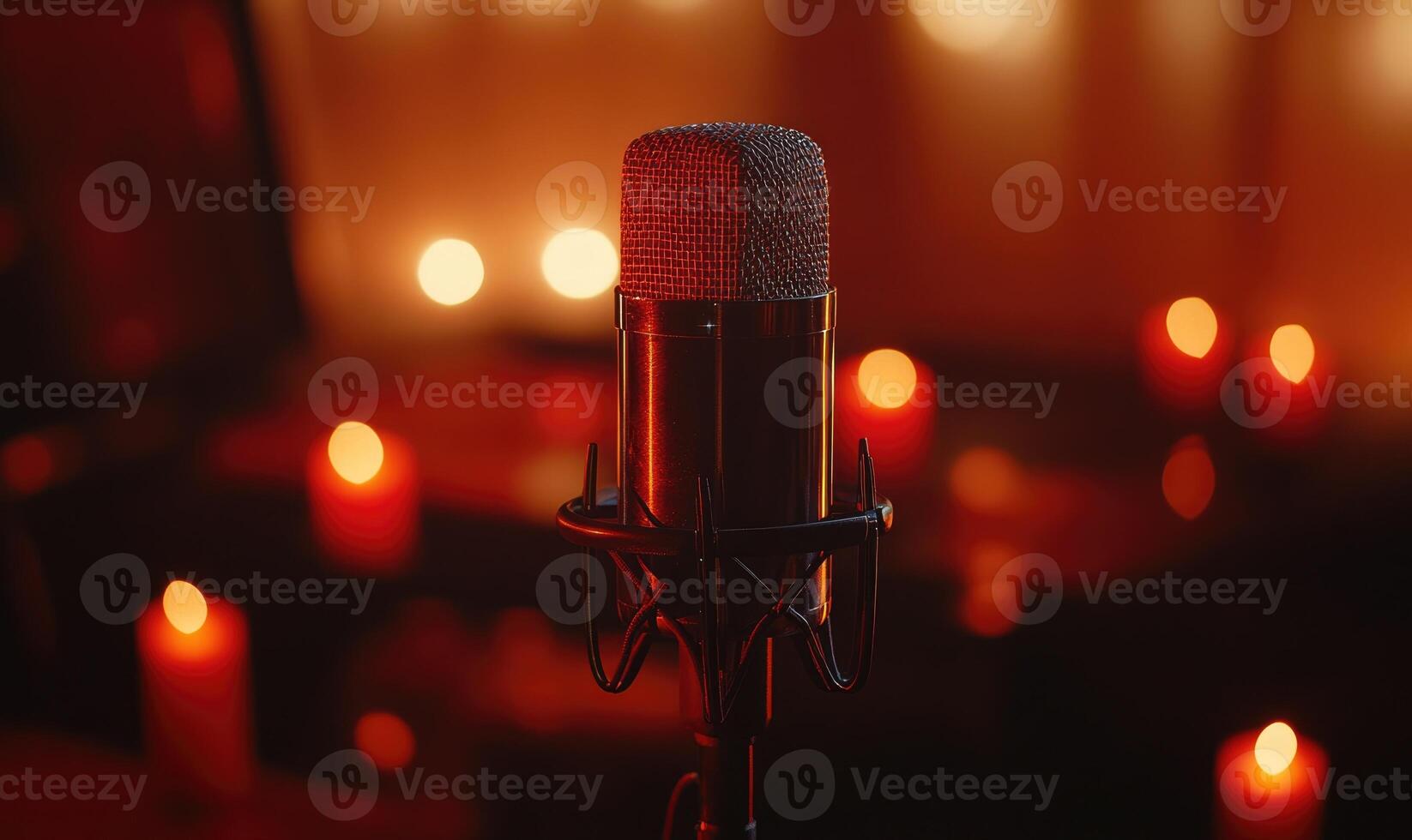 A microphone is placed in front of a table with candles photo