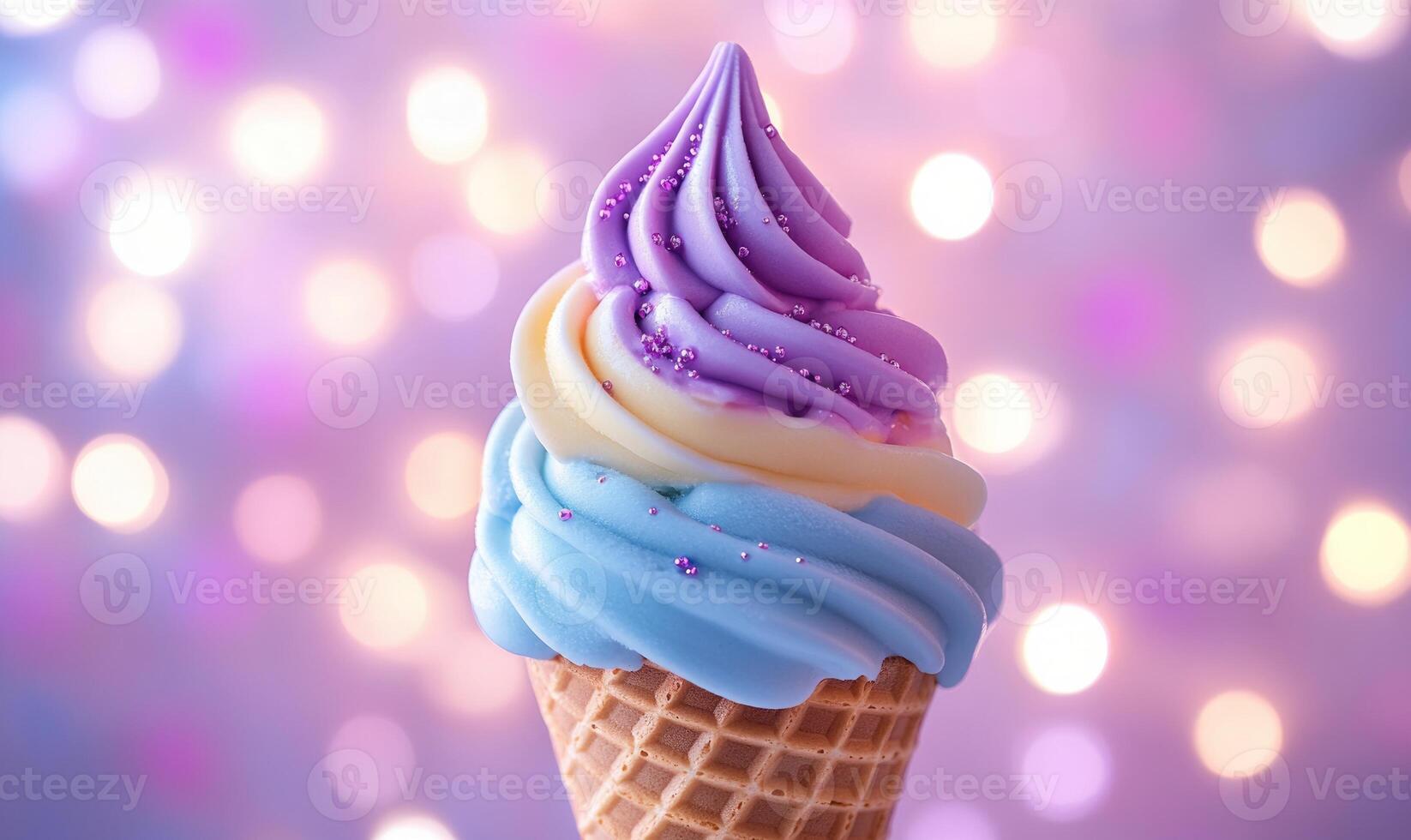 A colorful ice cream cone with blue, yellow, and purple swirls photo