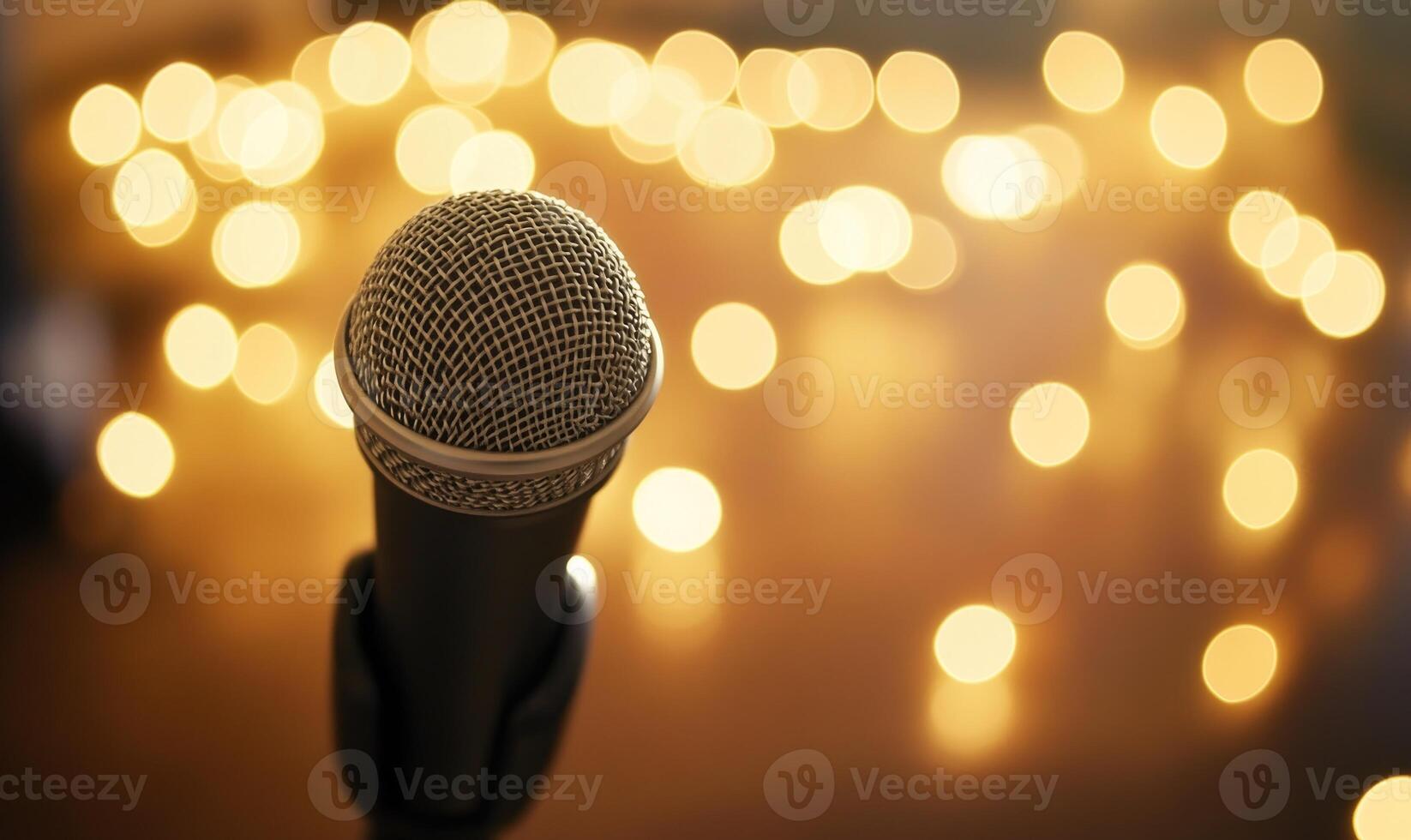 microphone on stage with blurred lights photo
