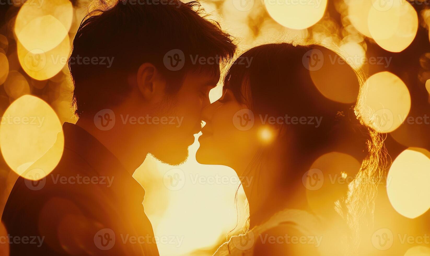 a couple kissing in front of a golden light photo